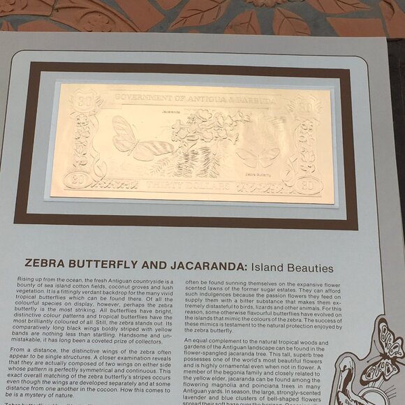 Gold Bank Notes Of Antigua And Barbuda 23 K Gold 30 Dollars Zebra Butterfly - Picture 1 of 5